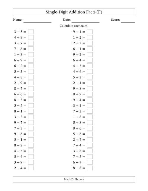 The Horizontally Arranged Single-Digit Addition Facts with Some Regrouping (50 Questions) (F) Math Worksheet