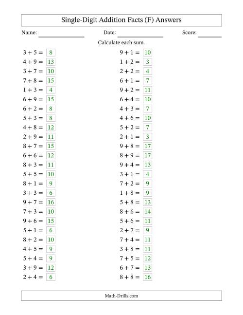 The Horizontally Arranged Single-Digit Addition Facts with Some Regrouping (50 Questions) (F) Math Worksheet Page 2