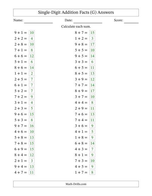 The Horizontally Arranged Single-Digit Addition Facts with Some Regrouping (50 Questions) (G) Math Worksheet Page 2