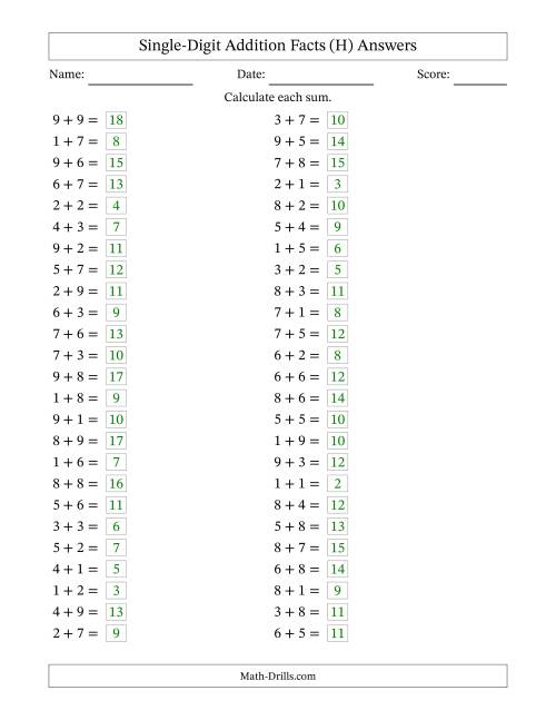 The Horizontally Arranged Single-Digit Addition Facts with Some Regrouping (50 Questions) (H) Math Worksheet Page 2