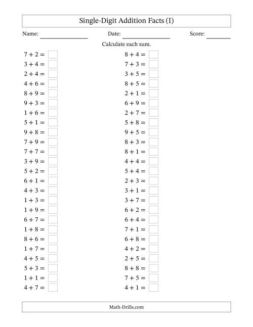 The Horizontally Arranged Single-Digit Addition Facts with Some Regrouping (50 Questions) (I) Math Worksheet