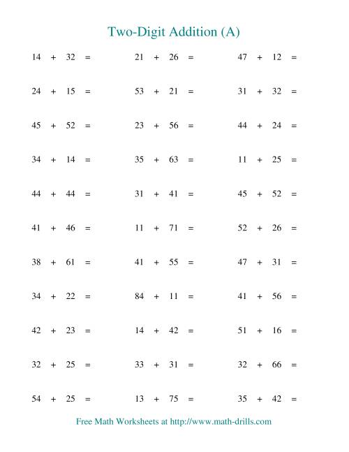 The Two-Digit Addition -- Horizontal -- No Regrouping (A) Math Worksheet