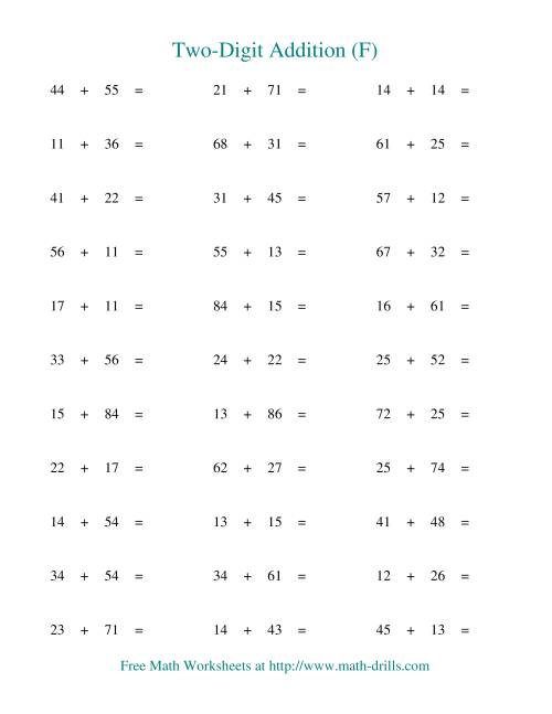 The Two-Digit Addition -- Horizontal -- No Regrouping (F) Math Worksheet