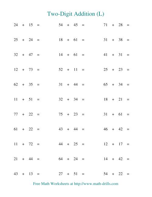 The Two-Digit Addition -- Horizontal -- No Regrouping (L) Math Worksheet
