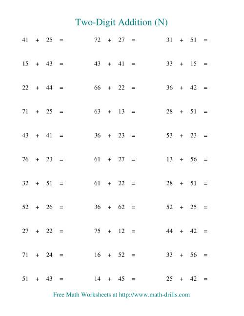 The Two-Digit Addition -- Horizontal -- No Regrouping (N) Math Worksheet