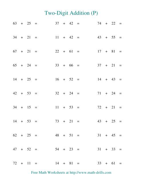 The Two-Digit Addition -- Horizontal -- No Regrouping (P) Math Worksheet