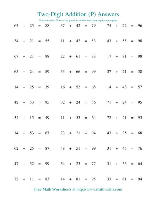 The Two-Digit Addition -- Horizontal -- No Regrouping (P) Math Worksheet Page 2