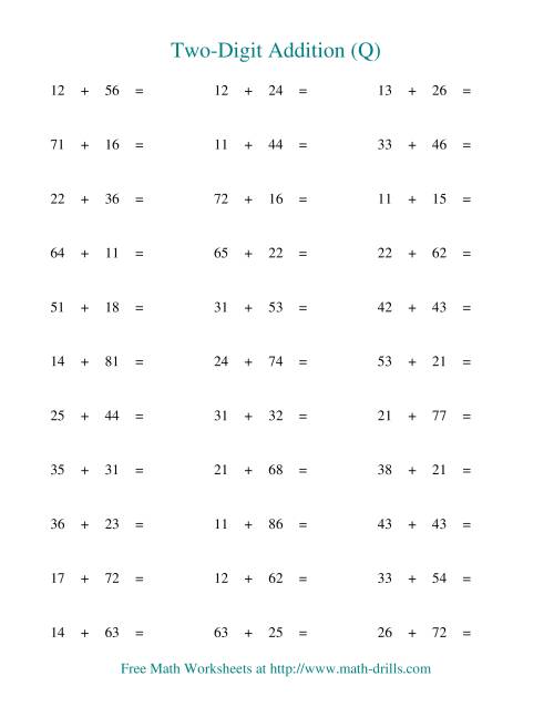 The Two-Digit Addition -- Horizontal -- No Regrouping (Q) Math Worksheet