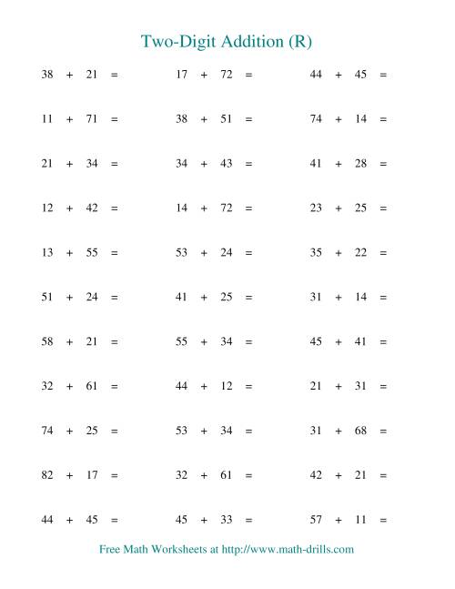The Two-Digit Addition -- Horizontal -- No Regrouping (R) Math Worksheet
