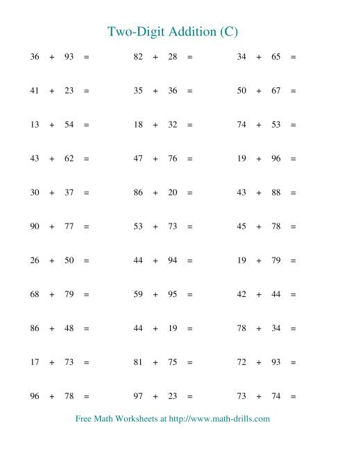 The Two-Digit Addition -- Horizontal -- Some Regrouping (C) Math Worksheet