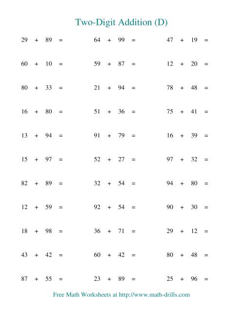 The Two-Digit Addition -- Horizontal -- Some Regrouping (D) Math Worksheet