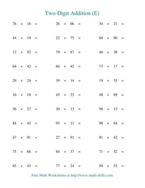 The Two-Digit Addition -- Horizontal -- Some Regrouping (E) Math Worksheet
