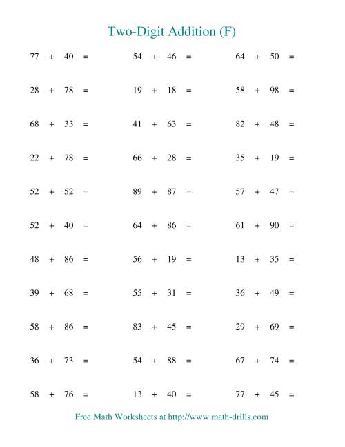 The Two-Digit Addition -- Horizontal -- Some Regrouping (F) Math Worksheet