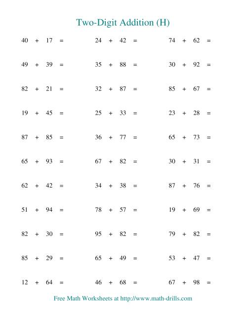 The Two-Digit Addition -- Horizontal -- Some Regrouping (H) Math Worksheet