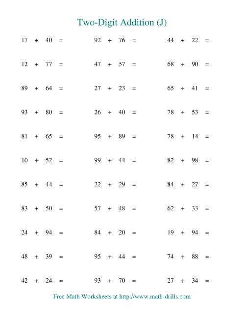 The Two-Digit Addition -- Horizontal -- Some Regrouping (J) Math Worksheet