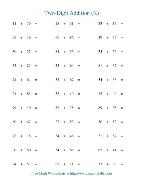 The Two-Digit Addition -- Horizontal -- Some Regrouping (K) Math Worksheet