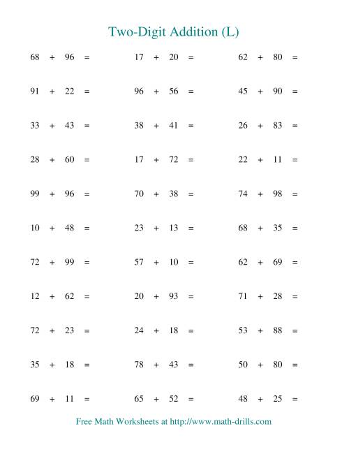 The Two-Digit Addition -- Horizontal -- Some Regrouping (L) Math Worksheet