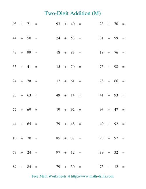 The Two-Digit Addition -- Horizontal -- Some Regrouping (M) Math Worksheet