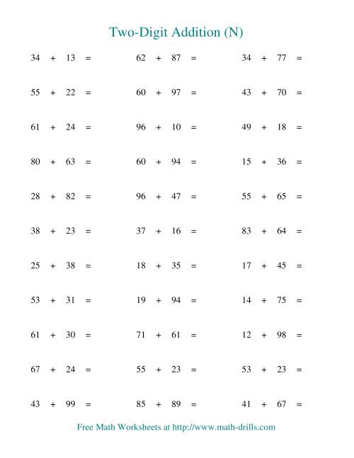 The Two-Digit Addition -- Horizontal -- Some Regrouping (N) Math Worksheet