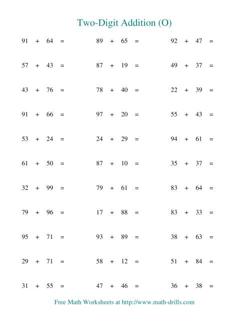 The Two-Digit Addition -- Horizontal -- Some Regrouping (O) Math Worksheet
