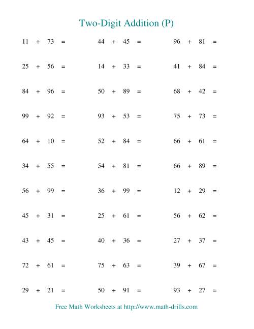 The Two-Digit Addition -- Horizontal -- Some Regrouping (P) Math Worksheet