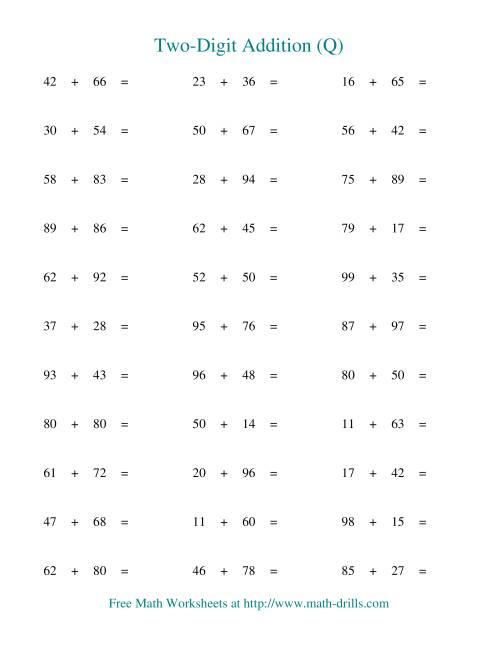 The Two-Digit Addition -- Horizontal -- Some Regrouping (Q) Math Worksheet
