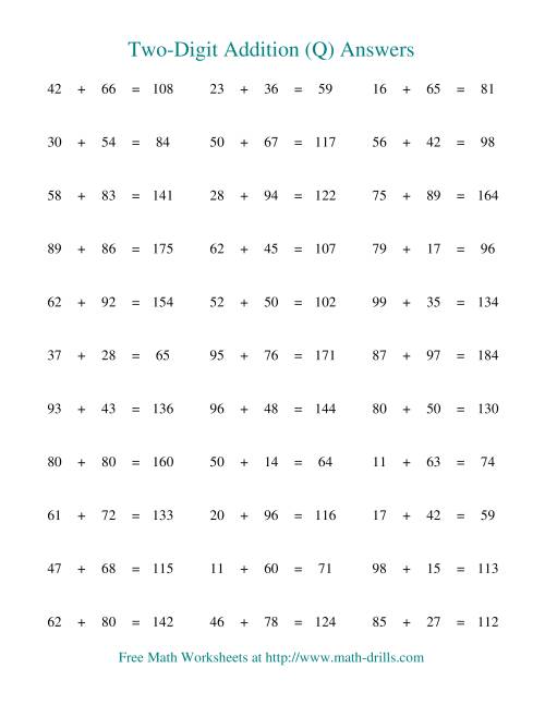 The Two-Digit Addition -- Horizontal -- Some Regrouping (Q) Math Worksheet Page 2