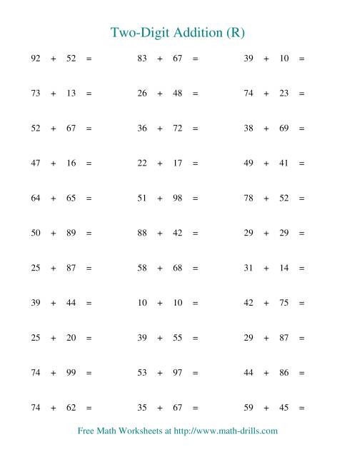 The Two-Digit Addition -- Horizontal -- Some Regrouping (R) Math Worksheet