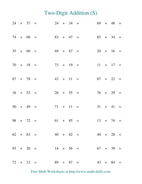 The Two-Digit Addition -- Horizontal -- Some Regrouping (S) Math Worksheet