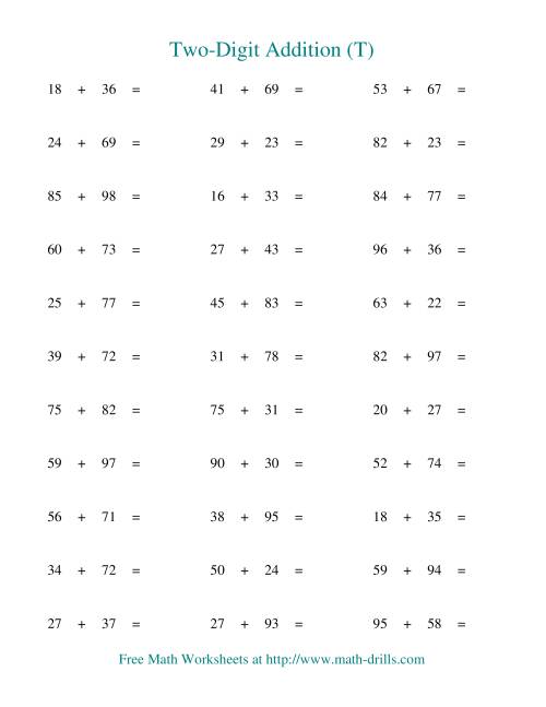 The Two-Digit Addition -- Horizontal -- Some Regrouping (T) Math Worksheet