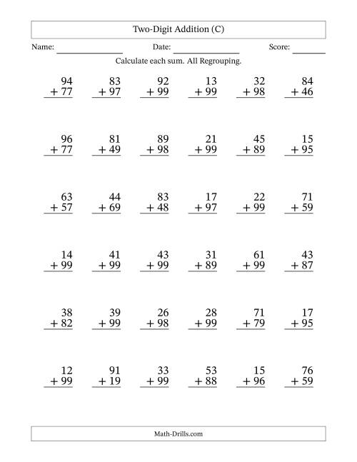 The Two-Digit Addition With All Regrouping – 36 Questions (C) Math Worksheet