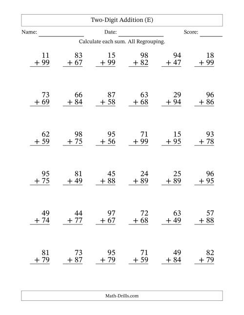 The Two-Digit Addition With All Regrouping – 36 Questions (E) Math Worksheet