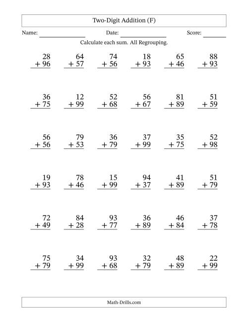 The Two-Digit Addition With All Regrouping – 36 Questions (F) Math Worksheet
