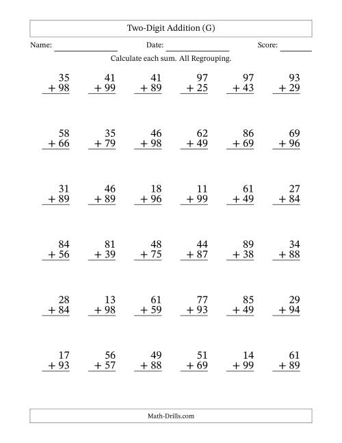 The Two-Digit Addition With All Regrouping – 36 Questions (G) Math Worksheet