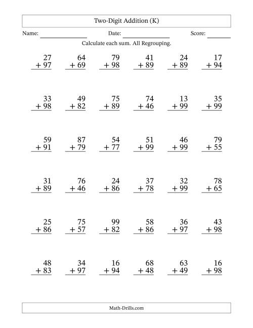 The Two-Digit Addition With All Regrouping – 36 Questions (K) Math Worksheet