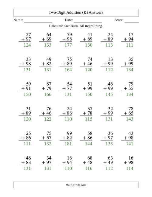 The Two-Digit Addition With All Regrouping – 36 Questions (K) Math Worksheet Page 2