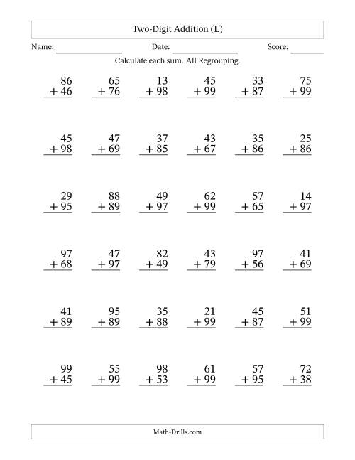 The Two-Digit Addition With All Regrouping – 36 Questions (L) Math Worksheet
