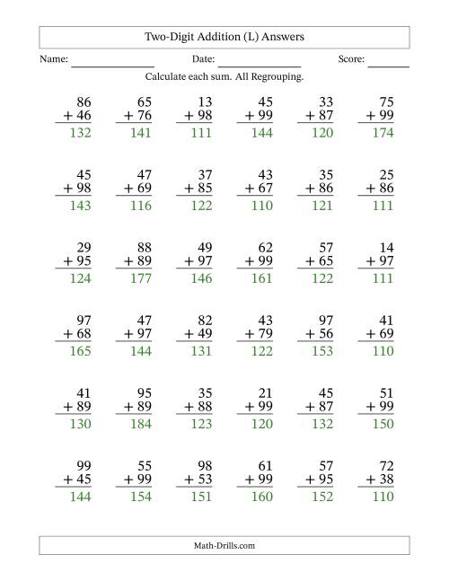 The Two-Digit Addition With All Regrouping – 36 Questions (L) Math Worksheet Page 2