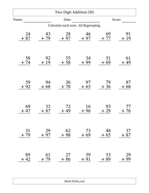 The Two-Digit Addition With All Regrouping – 36 Questions (M) Math Worksheet