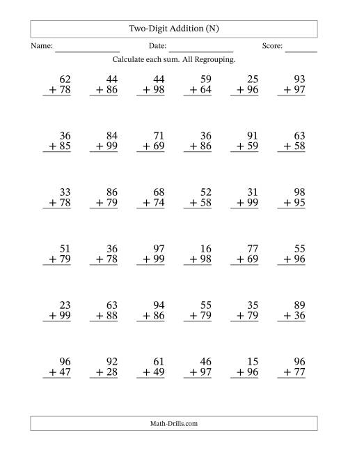 The Two-Digit Addition With All Regrouping – 36 Questions (N) Math Worksheet