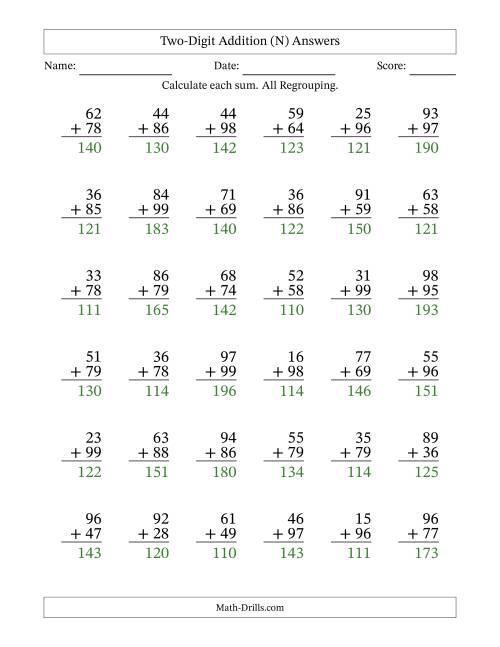 The Two-Digit Addition With All Regrouping – 36 Questions (N) Math Worksheet Page 2