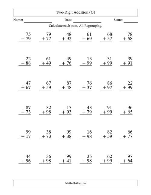 The Two-Digit Addition With All Regrouping – 36 Questions (O) Math Worksheet
