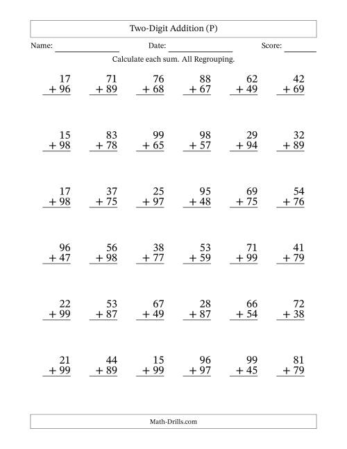 The Two-Digit Addition With All Regrouping – 36 Questions (P) Math Worksheet
