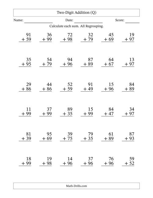 The Two-Digit Addition With All Regrouping – 36 Questions (Q) Math Worksheet
