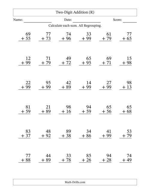 The Two-Digit Addition With All Regrouping – 36 Questions (R) Math Worksheet