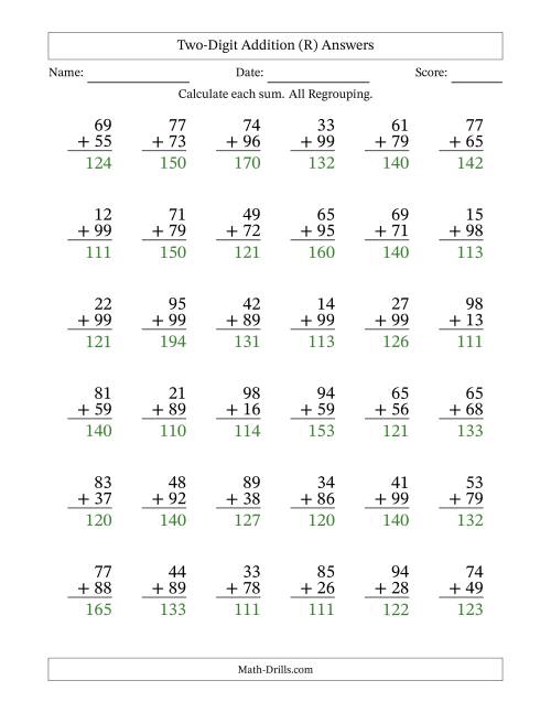 The Two-Digit Addition With All Regrouping – 36 Questions (R) Math Worksheet Page 2