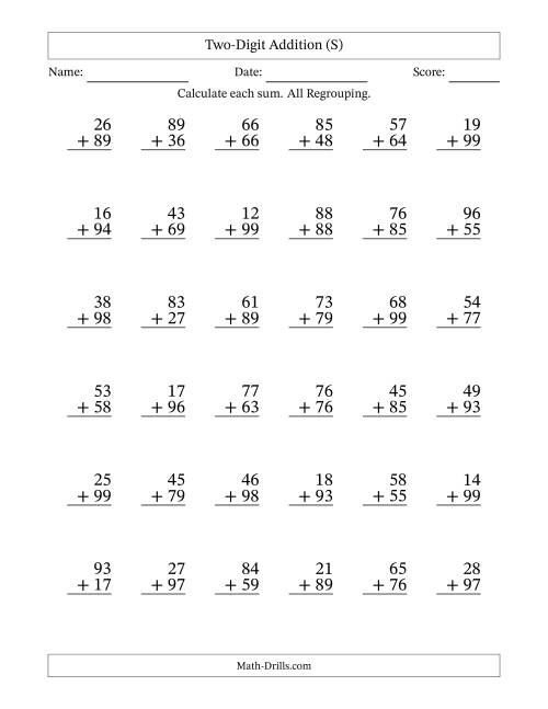 The Two-Digit Addition With All Regrouping – 36 Questions (S) Math Worksheet