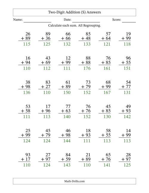 The Two-Digit Addition With All Regrouping – 36 Questions (S) Math Worksheet Page 2