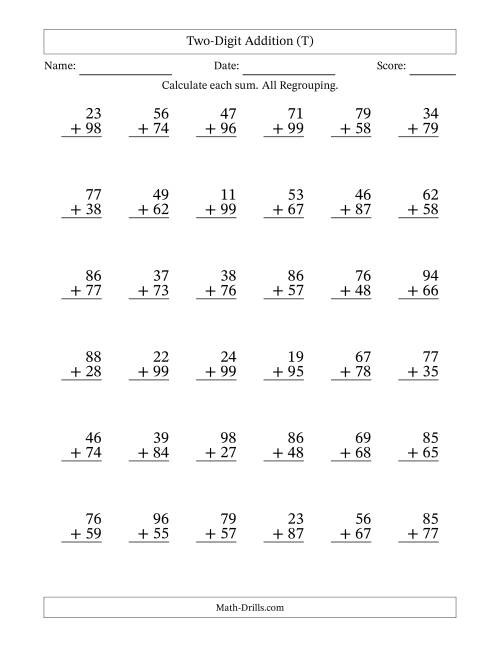 The Two-Digit Addition With All Regrouping – 36 Questions (T) Math Worksheet