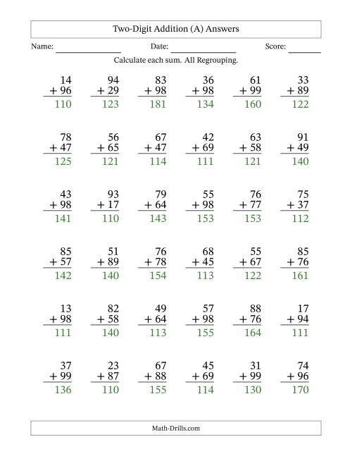 The Two-Digit Addition With All Regrouping – 36 Questions (All) Math Worksheet Page 2
